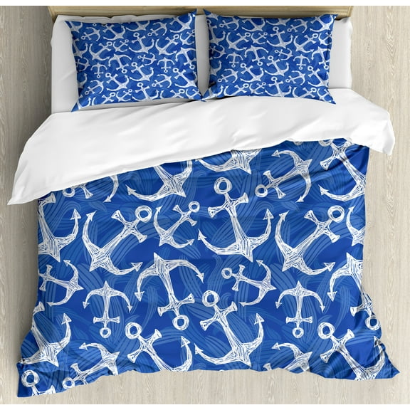 Anchor Duvet Cover Set, Sea Anchor with Weird Modern Lines Marine Life Equipments Sailing Hope Image, Decorative 3 Piece Bedding Set with 2 Pillow Shams, King Size, Azure Blue White, by Ambesonne