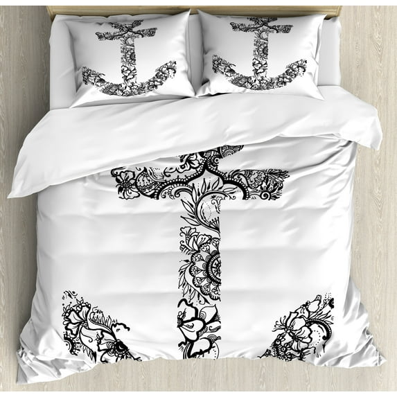 Anchor Duvet Cover Set, Anchor Shape Flower Floral Ornamental Silhouette Vacation Old Times Happiness Print, Decorative 3 Piece Bedding Set with 2 Pillow Shams, Queen Size, Black White, by Ambesonne