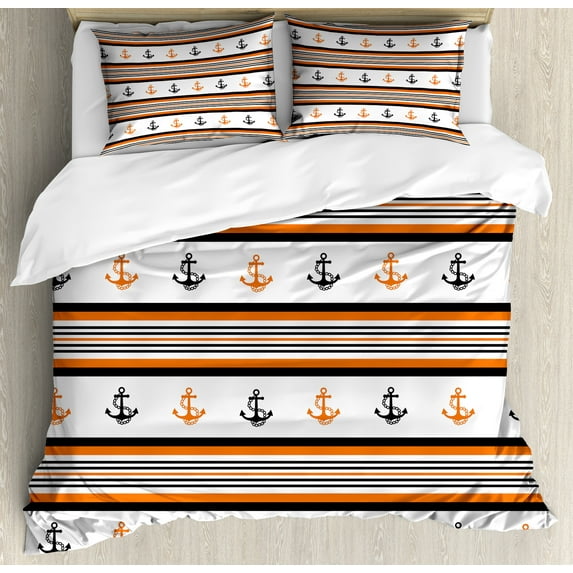 Anchor Duvet Cover Set, Simplistic Summer Season Pattern with Stripes and Nautical Sailing, Decorative 3 Piece Bedding Set with 2 Pillow Shams, Queen Size, Orange Black White, by Ambesonne