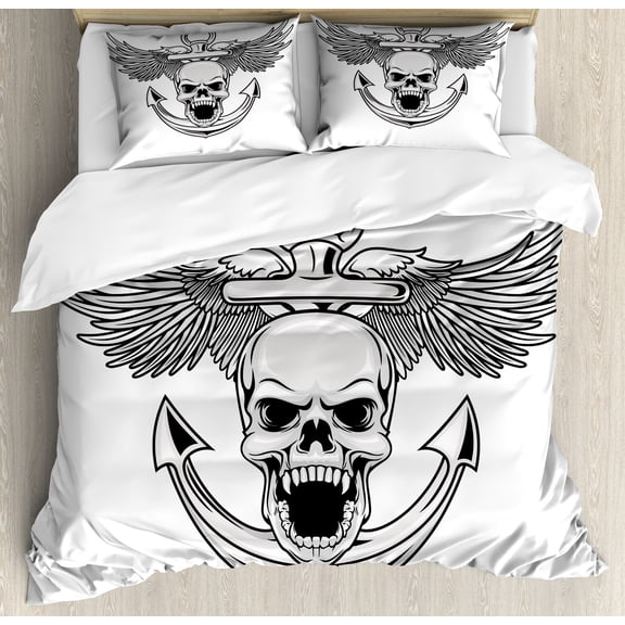Anchor Duvet Cover Set, Skull with Anchor and Eagle Wings Freedom Devil Sea Hunter Skeleton Myth Graphic, Decorative 3 Piece Bedding Set with 2 Pillow Shams, King Size, Grey White, by Ambesonne