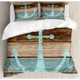 thumbnail image 1 of Anchor Duvet Cover Set, Timeworn Marine on Weathered Wooden Planks Rustic Nautical Theme Pattern, Decorative 3 Piece Bedding Set with 2 Pillow Shams, King Size, Pale Blue Brown Teal, by Ambesonne, 1 of 3