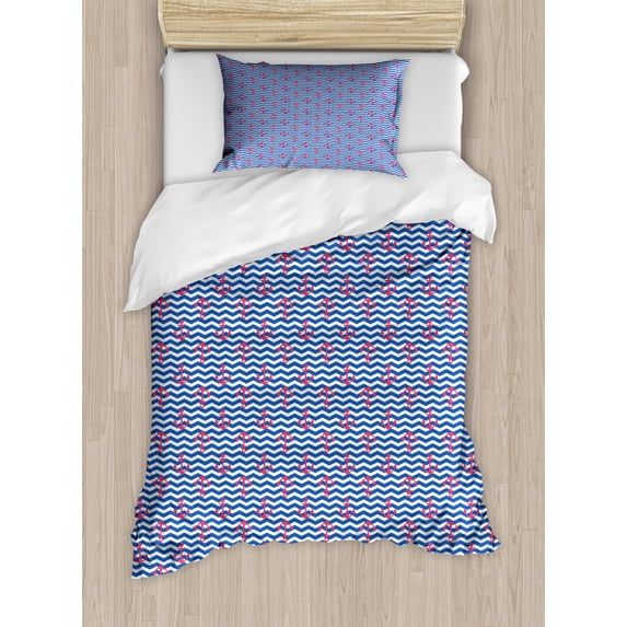 Anchor Duvet Cover Set Twin Size, Geometric Nautical Design with Zigzag Wavy Backdrop Travel Coastal, Decorative 2 Piece Bedding Set with 1 Pillow Sham, Violet Blue Dark Coral White, by Ambesonne