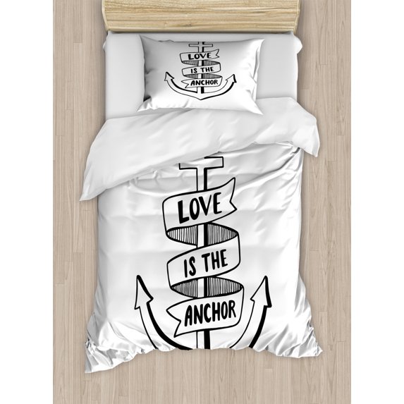 Anchor Duvet Cover Set Twin Size, Hand Drawn Monochrome Nautical Motifs with Love is the Anchor Quote and Heart, Decorative 2 Piece Bedding Set with 1 Pillow Sham, Black White, by Ambesonne
