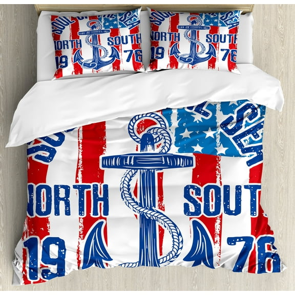 Anchor Duvet Cover Set, Vintage Design Anchor with on Grungy American Flag Soul of the Sea Art, Decorative 3 Piece Bedding Set with 2 Pillow Shams, King Size, Blue Red White, by Ambesonne