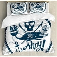 thumbnail image 1 of Anchor Duvet Cover Set, Vintage Style Nautical Pirate Skull and Whale Design Ship Marine Image, Decorative 3 Piece Bedding Set with 2 Pillow Shams, Queen Size, Dark Blue White, by Ambesonne, 1 of 3