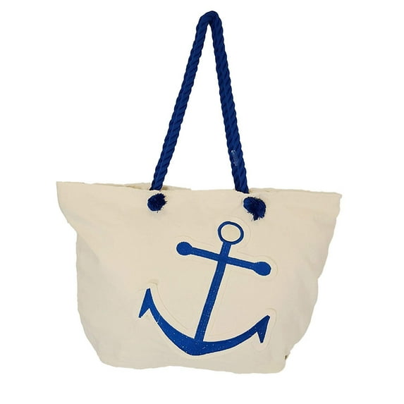 Anchor Embroidered Patch Large Shopping Tote Bag - Rope Handles Blue