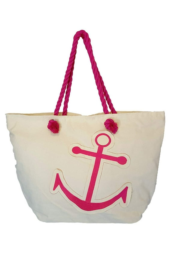 Anchor Embroidered Patch Large Shopping Tote Bag - Rope Handles Fuschia