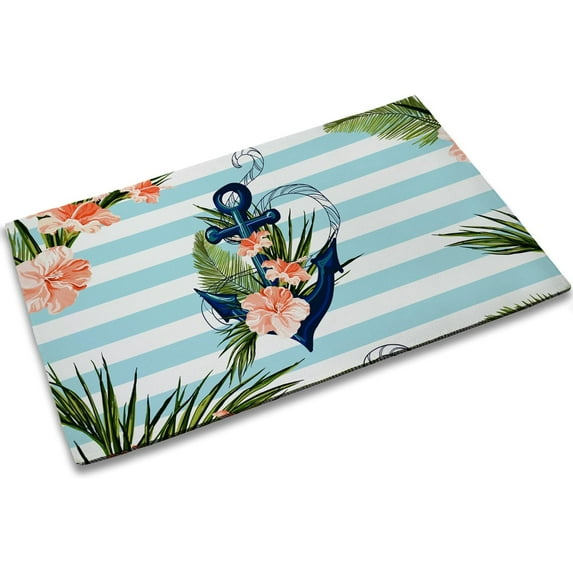Anchor Entrance Door Mat,Hibiscus Flowers Palm Leaves Spring Sunmer Decor Welcome Doormat, Non-Slip Carpet Rugs Floor Mat Decorative for Home/Bathroom/Kitchen/Indoor 17"x30"