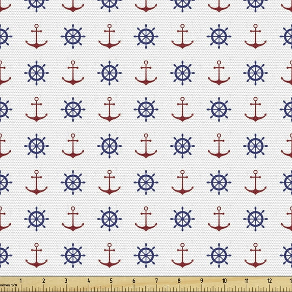 Ambesonne Sealife Fabric by the Yard Upholstery, Anchors and Ship Wheels, 1 Yard, Navy Blue and Ruby