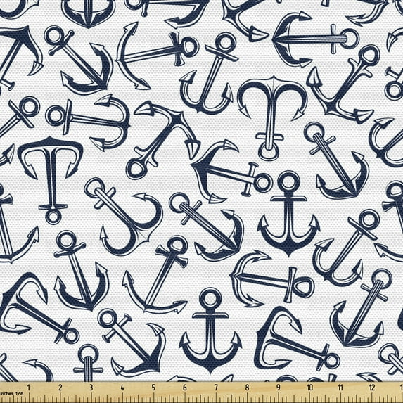 Anchor Fabric by the Yard, Ships Anchors Randomly Scattered over White Background Retro Style Maritime, Upholstery Fabric for Dining Chairs Home Decor Accents, Dark Blue White by Ambesonne