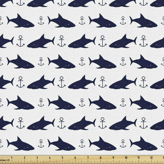 Ambesonne Anchor Fabric by the Yard Upholstery, Aquatic Modern Sharks, 2 Yards, Indigo White