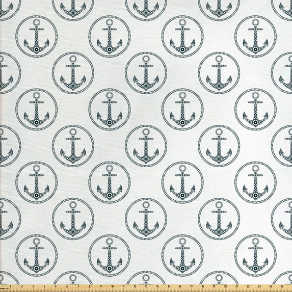 Ambesonne Anchor Fabric by the Yard Upholstery, Floral Art Marine, 5 Yards, Black White