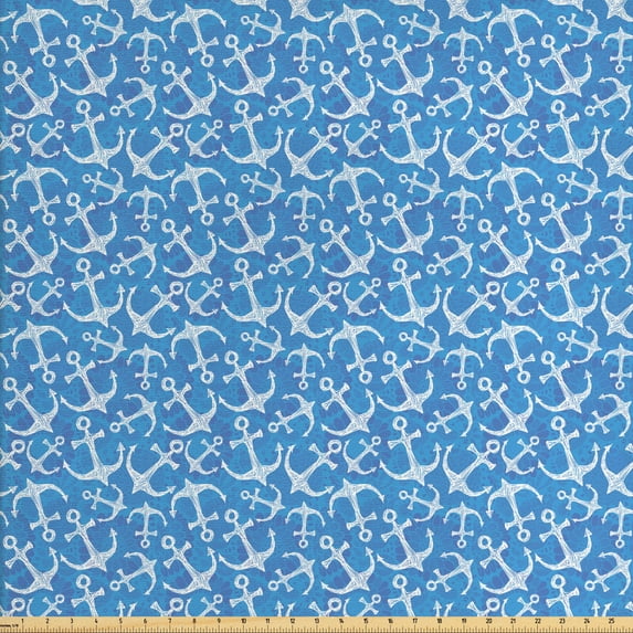 Ambesonne Anchor Fabric by the Yard Upholstery, Hand Drawn Sea Anchor, 3 Yards, Blue White