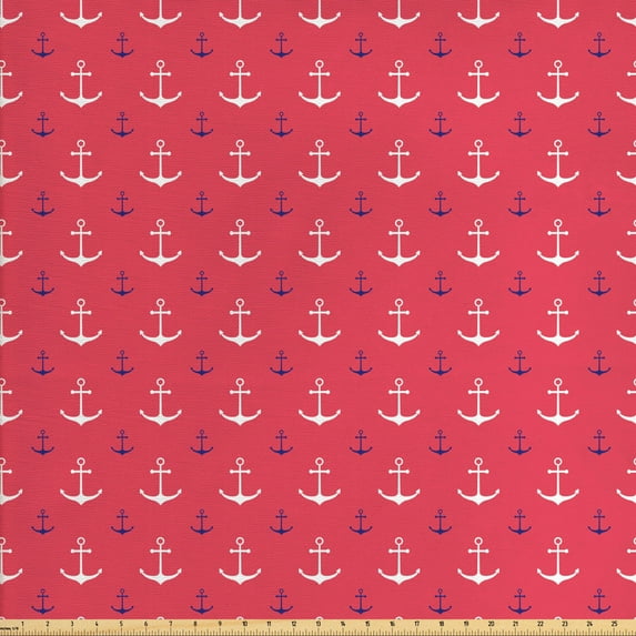 Ambesonne Anchor Fabric by the Yard Upholstery, Symmetric Nautical Items Art, 10 Yards, Dark Coral Indigo White