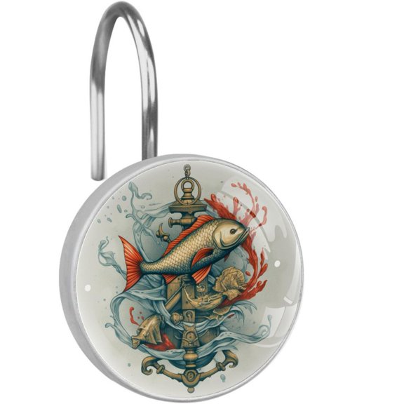 Anchor Fish Shower Curtain Hooks Set of 12 for Home Hotel Shower Rods Bathroom Crystal Glass Print Stainless Steel Round Curtain Hooks