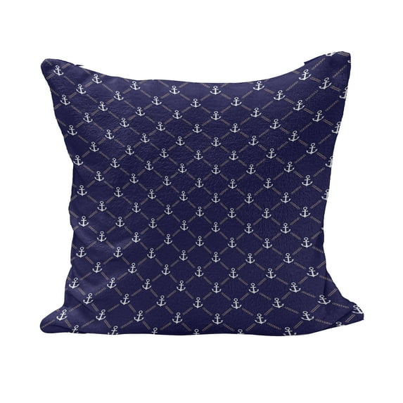 Anchor Fluffy Throw Pillow Cushion Cover, Checkered Pattern with Chain and Marine Ocean Cruise Vacation, Decorative Square Accent Pillow Case, 24" x 24", Royal Blue White, by Ambesonne