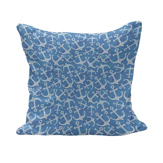 Anchor Fluffy Throw Pillow Cushion Cover, Hand Drawn Sea Anchor on Abstract Blue Ocean Inspired Backdrop with Floral Elements, Decorative Square Pillow Case, 40" x 40", Blue White, by Ambesonne