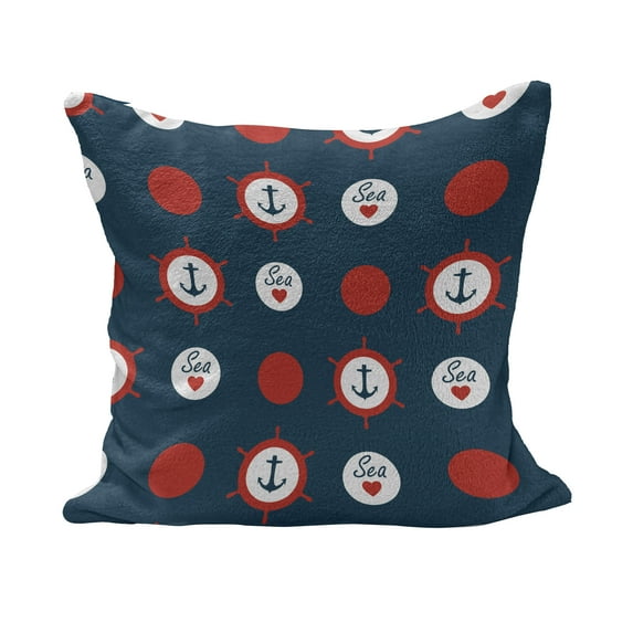 Anchor Fluffy Throw Pillow Cushion Cover, Nautical Pattern with Steering Wheels Big Red Polka Dots Hearts Sea Love, Decorative Square Accent Pillow Case, 36" x 36", Night Blue Vermilion, by Ambesonne
