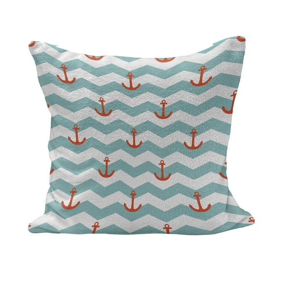 Anchor Fluffy Throw Pillow Cushion Cover, Simple Pattern Anchor Stripe Art Welcoming Wavy Water Tiled Surface, Decorative Square Accent Pillow Case, 40" x 40", Turquoise Red, by Ambesonne