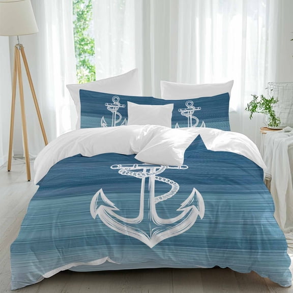 Anchor Full Size Comforter Set, Blue Gradient Lines Ocean Nautical Bedding for All Seasons, 4 Pcs Bed Set, 1Quiltcover (86"x86") ,1Sheet(80"x116"), 2Pillowcases (30"x20")