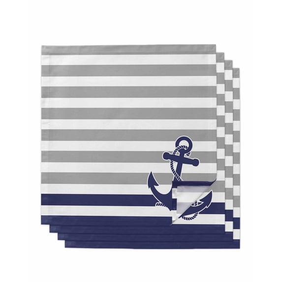 Anchor Gray Cloth Napkins Set of 4 Reusable Dinner Napkins, Modern Navy Blue White Striped Nautical Cocktail Napkin Washable Table Napkins for Wedding/Holiday Party/Baby Shower 20"x20"