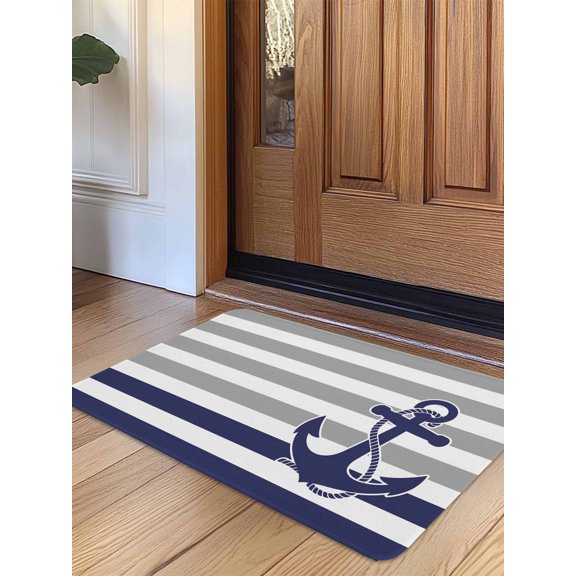 Anchor Gray Door Mat Indoor Outdoor Entrance, Non Slip Small Rug for Kitchen Bathroom Entryway Rug, Modern Navy Blue White Striped Nautical Washable Doormat Floor Mat for Office 16x24 Inch