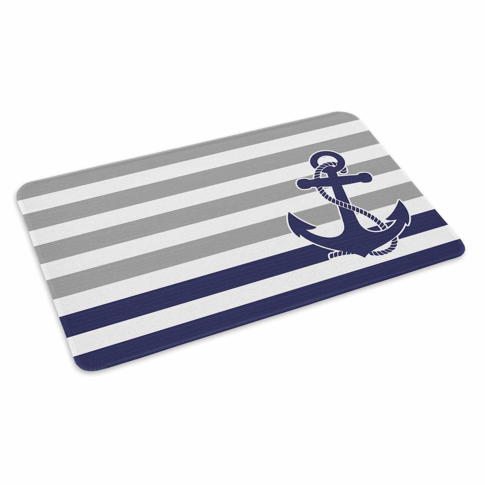 Anchor Gray Doormat Outdoor Entrance 24"x36", Modern Navy Blue White Striped Nautical Absorb Moisture Dirt Door Mats, Non-Slip Rubber Backing Floor Mats Indoor, Low-Profile Front Door Rugs