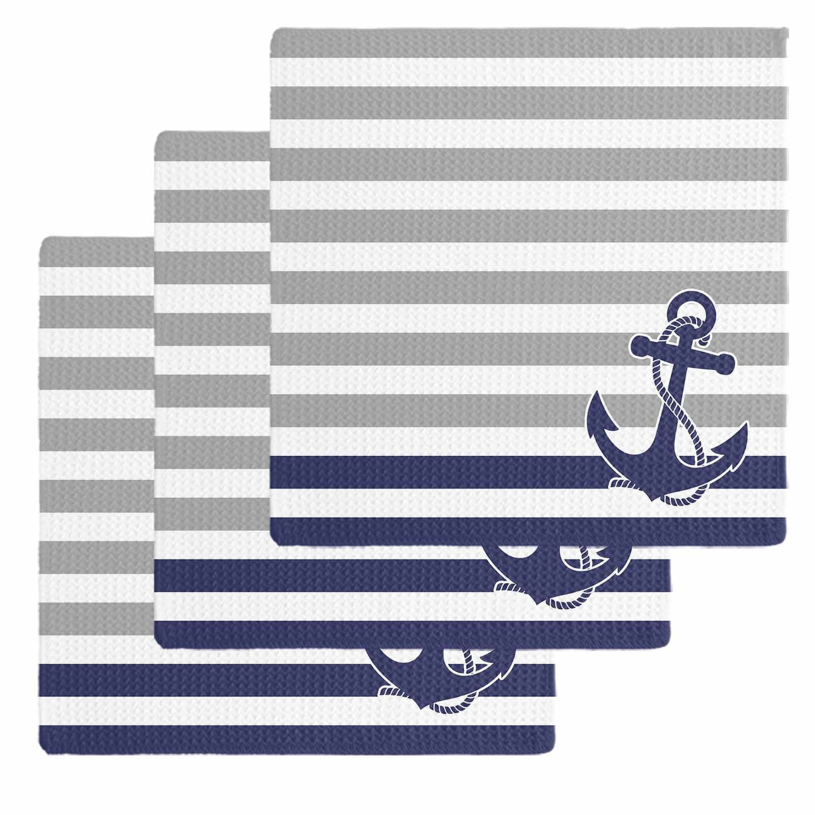 Anchor Gray Kitchen Dish Towels for Drying Dishes Set of 3, Modern Navy Blue White Striped Nautical Waffle Weave Microfiber Hand Tea Bathroom Towels Quick Dry & Absorbent Towel 12x12