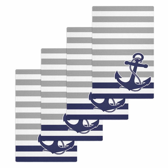 Anchor Gray Kitchen Dish Towels for Drying Dishes Set of 4, Modern Navy Blue White Striped Nautical Waffle Weave Microfiber Hand Tea Bathroom Towels Quick Dry & Absorbent Towel 15.7x23.6