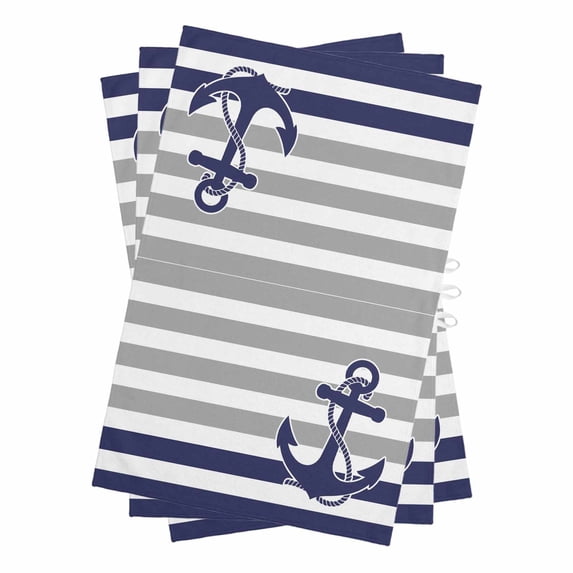 Anchor Gray Kitchen Towels Set of 3, Water Absorbent Dish Towel, Modern Navy Blue White Striped Nautical Decorative Hand Towels - Quick Drying Cloth for Cooking Baking, 18x28 Inch