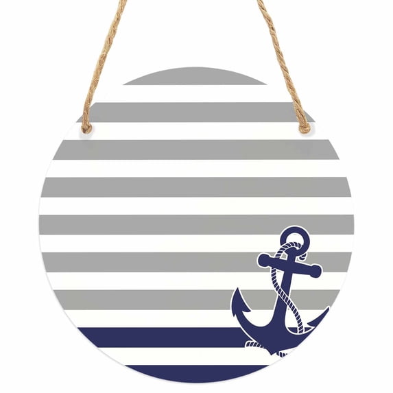 Anchor Gray Round Front Door Welcome Sign, 7.8 Inch Wall Hanging Decor for Indoor Outdoor, Modern Navy Blue White Striped Nautical Home Porch Hanger Decorations for Holiday Gift