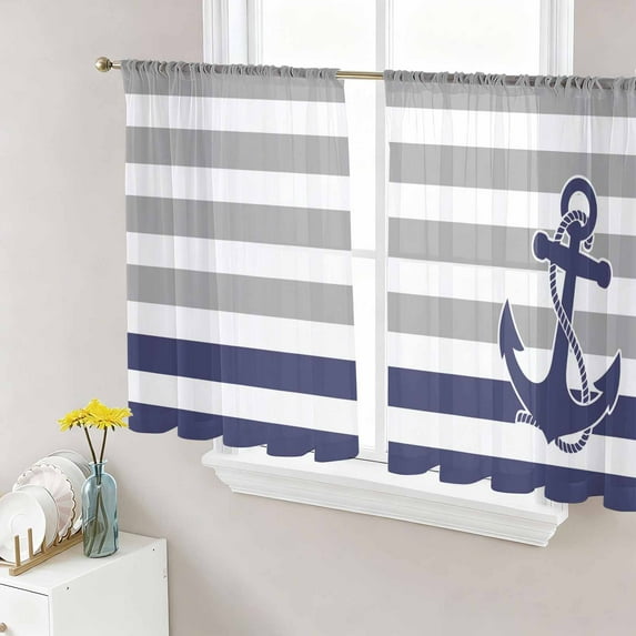 Anchor Gray Semi Sheer Curtains 45 Inch Length 2 Panels Set, Modern Navy Blue White Striped Nautical Sheer Kitchen Curtain Privacy Voile Window Curtain for Living Room Bedroom Rod Pocket Drapes