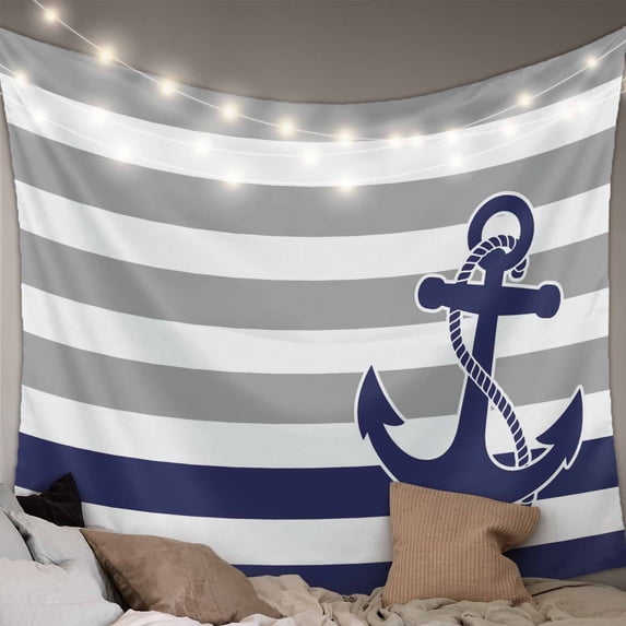 Anchor Gray Tapestry for Bedroom Wall Hanging Tapestry, Modern Navy Blue White Striped Nautical Ceiling Backdrop Tapestries Poster Blanket Wall Decor for Teens Room Living Room Dorm 59" x 79"
