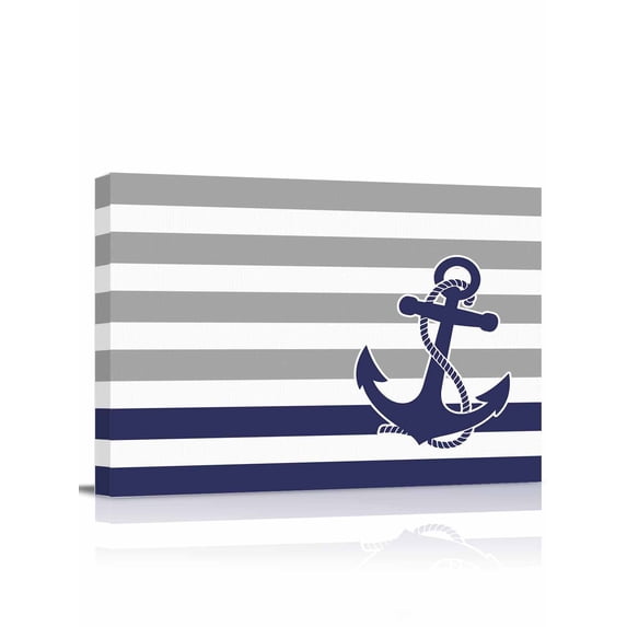 Anchor Gray Wall Art for Living Room,Canvas Picture Wall Decor for Bathroom Bedroom,Modern Navy Blue White Striped Nautical Painting Artwork for Office Kitchen Hallway Dining Room Home Decor 16"x20"