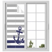 Anchor Gray Window Privacy Film, Modern Navy Blue White Striped Nautical Static Cling UV Sun Blocking Heat Control Window Tint Day and Night, Non-Adhesive One Way Windows Privacy Cover 23.6x59