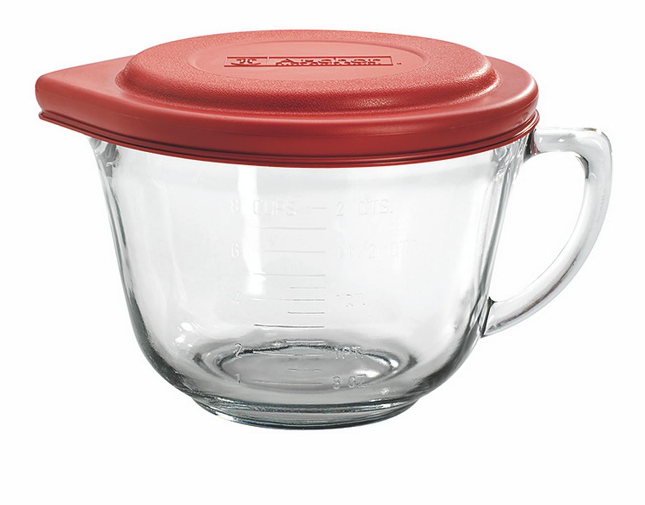 Anchor Hocking 2 Quart Glass Measuring Bowl, Red Lid, Handle and
