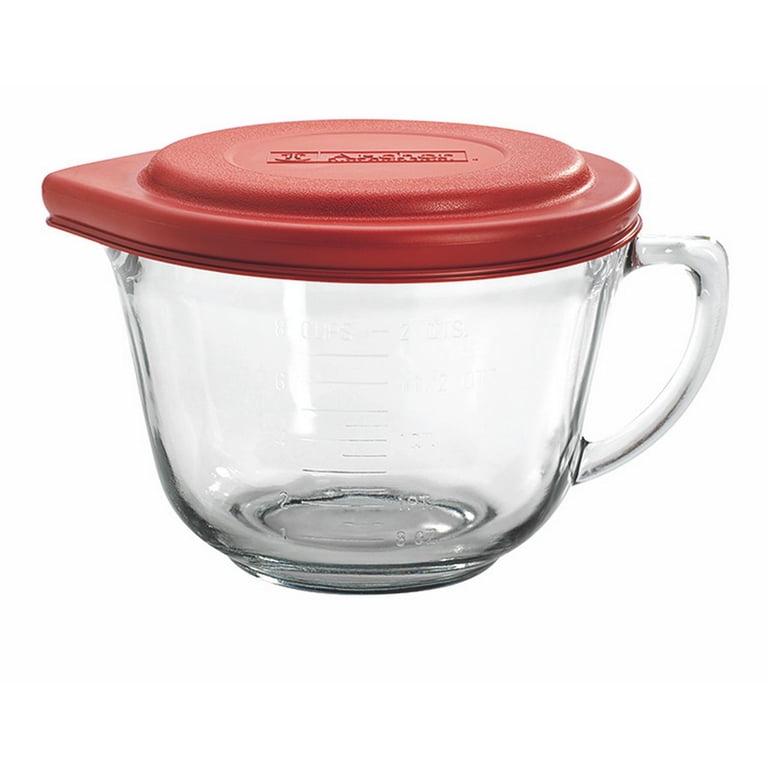 Anchor Hocking 2 Quart Glass Measuring Bowl, Red Lid, Handle and