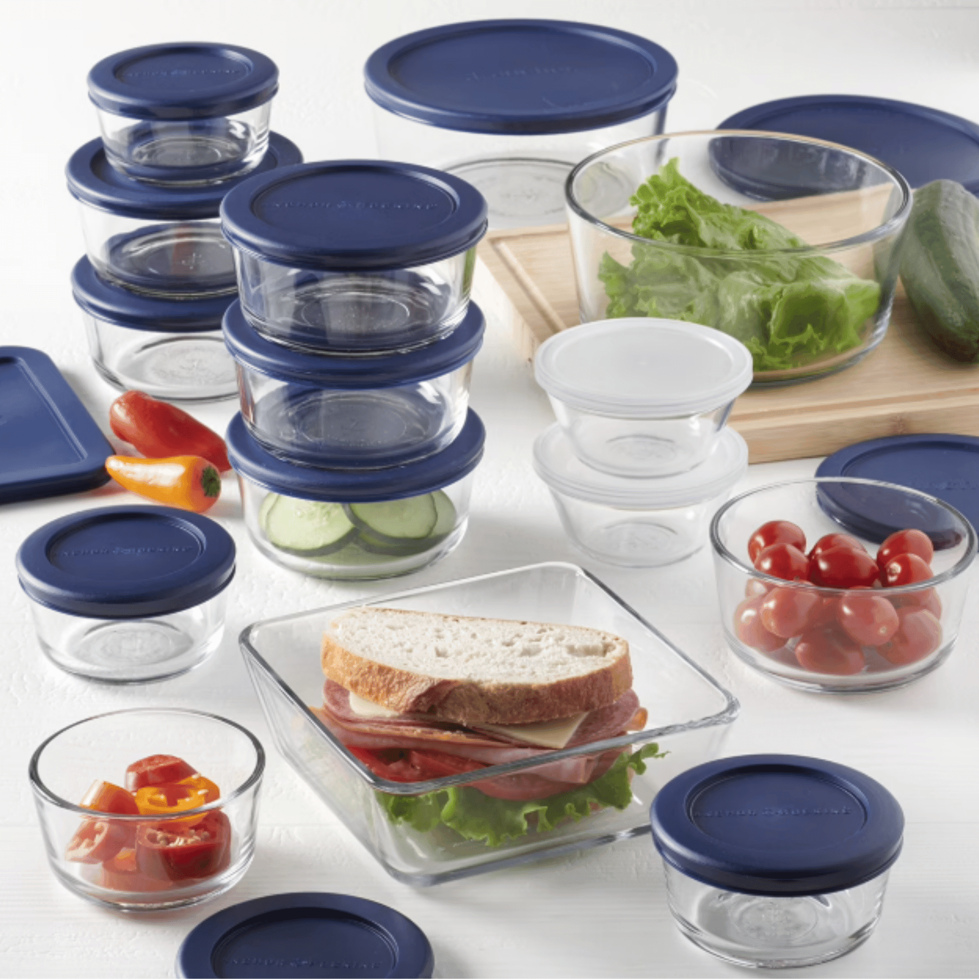 Anchor Hocking Clear Glass Food Storage,30 Piece Set with Navy Lids
