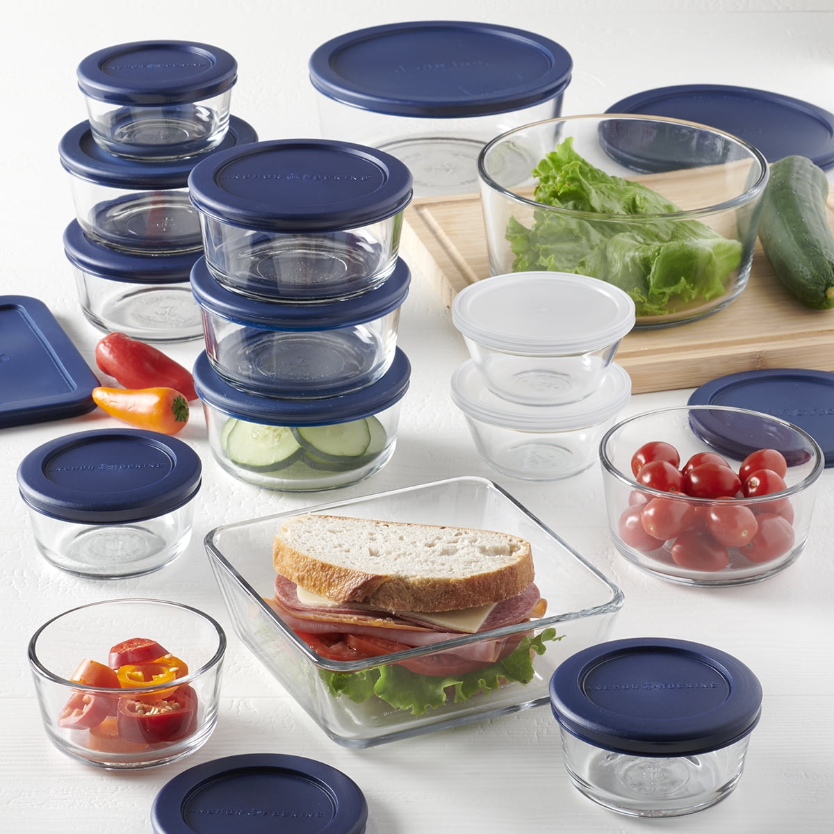 Anchor Hocking Clear Glass Food Storage Set with Navy Lids, 30 Pieces