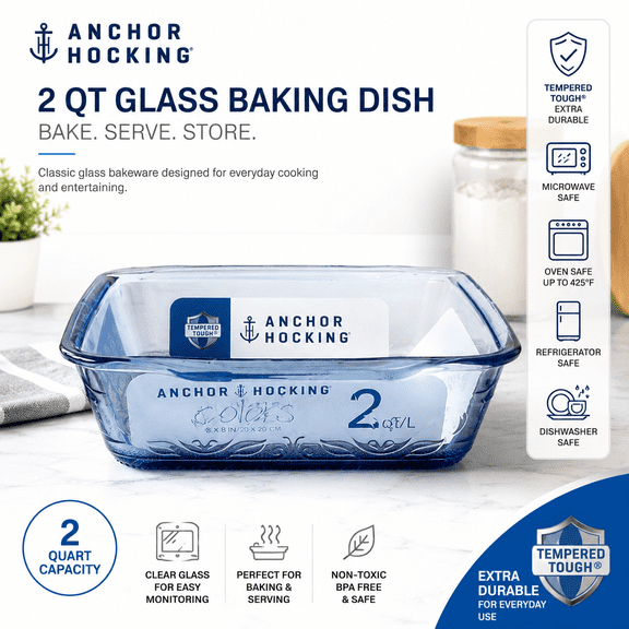 Anchor Hocking 8 x 8 Inch 2 Quart Glass Cake Dish, Baking Dish, Microwave Safe, Microwave Safe, Microwave Safe