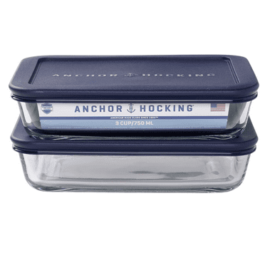 Anchor Hocking Glass Food Storage Containers with Lids, 3 Cup Rectangular, Set of 2