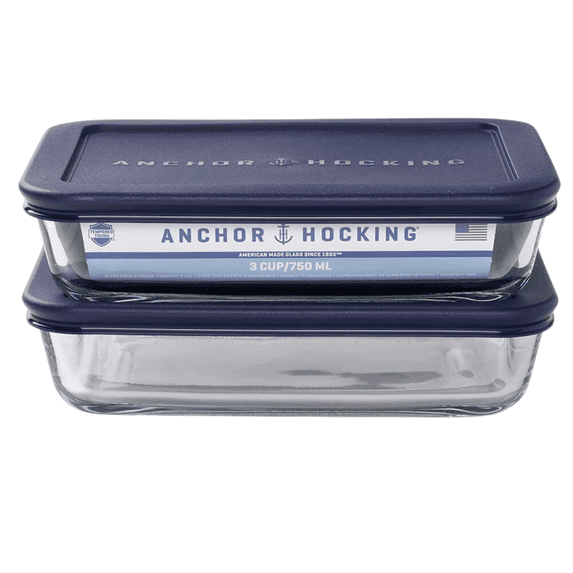 Anchor Hocking Glass Food Storage Containers with Lids, 3 Cup Rectangular, Set of 2