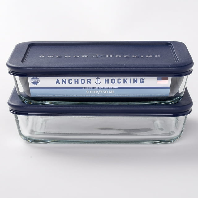 Anchor Hocking Glass Food Storage Containers with Lids, 3 Cup Rectangular, Set of 2