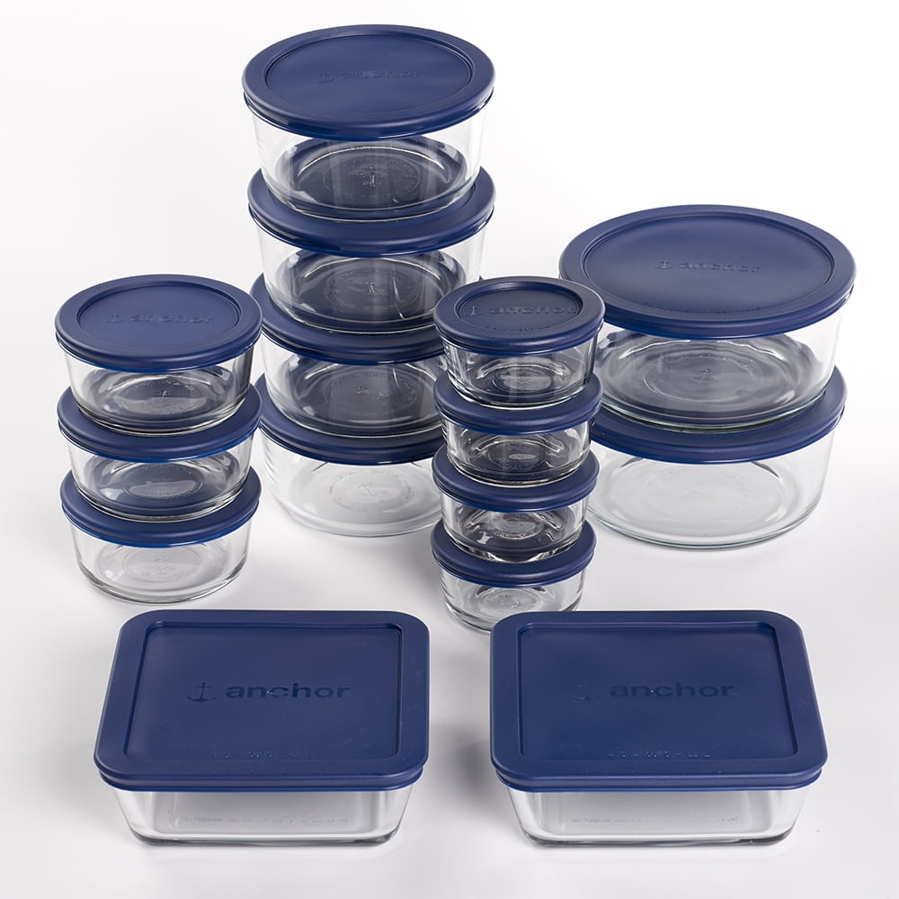 6-piece Round Glass Food Storage Container Set with Blue Lids