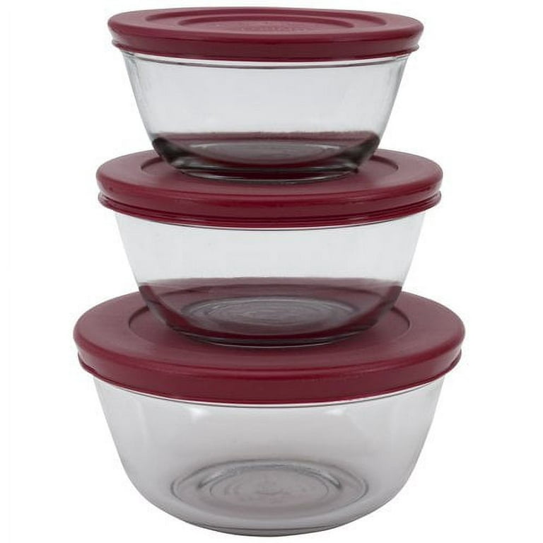 Anchor Hocking Glass Mixing Bowl Set with Red Plastic Lids 92224L20 - 3/Set