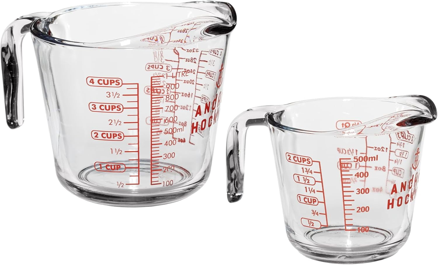 Anchor Hocking 2-Piece Glass Measuring Cup Set - 2-Cup & 4-Cup With Pour Spout, Dishwasher Safe