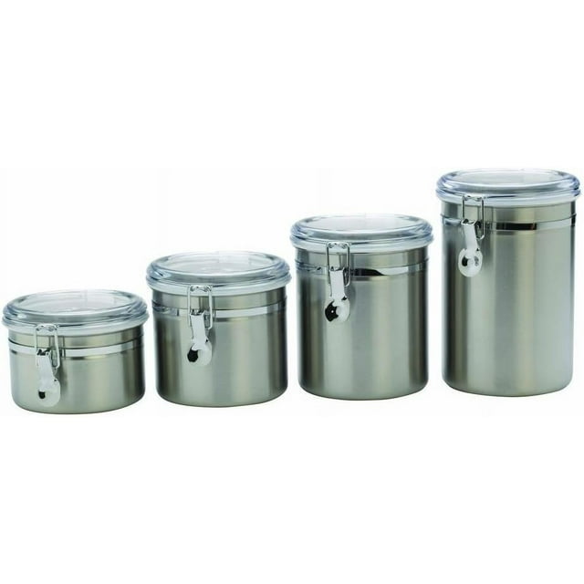 Anchor Hocking Round Stainless Steel Canister Set with Clear Acrylic Lid and Locking Clamp, 4-Piece Set - Piece Stainless Steel Canister Set