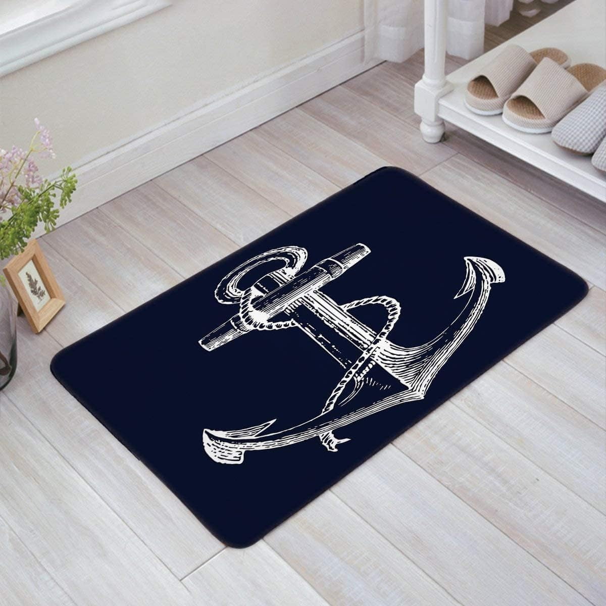 Anchor Icon Nautical Black Navy Blue Entry Doormat Outdoor Entrance