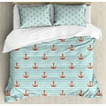 thumbnail image 1 of Anchor King Size Duvet Cover Set, Pastel Stripes Background with Monochrome Anchor Silhouettes Naval, Decorative 3 Piece Bedding Set with 2 Pillow Shams, Vermilion Turquoise White, by Ambesonne, 1 of 3