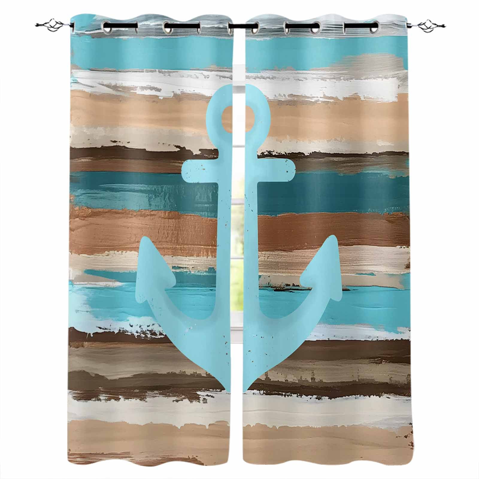 Anchor Kitchen Curtains Blue Green Brown Vintage Wood Grain Nautical ...